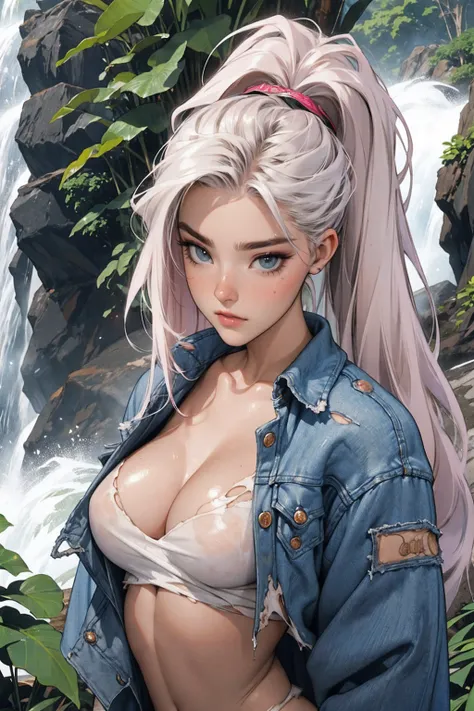 （lifelike， high - resolution：1.3）， 1 girl with a perfect body，slender body, Super fine face and eyes，assasin, dark makeup, shiny skin，white hair,((torn and ripped jungle clothes underneath sheer jacket)， Expose cleavage, extravagant makeup, pink eyeshadow,...