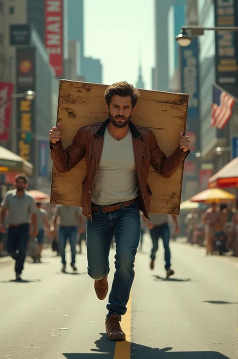 A man is running with a board called HOLLYWOOD SUPER HIT