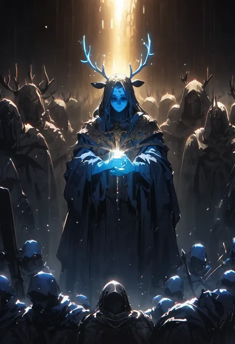 miracle, poor crowd in misery receiving divine light, blue fur, antlers, dark medieval setting