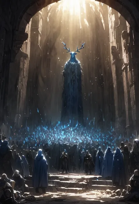 miracle, poor crowd in misery receiving divine light, blue fur, antlers, dark medieval setting