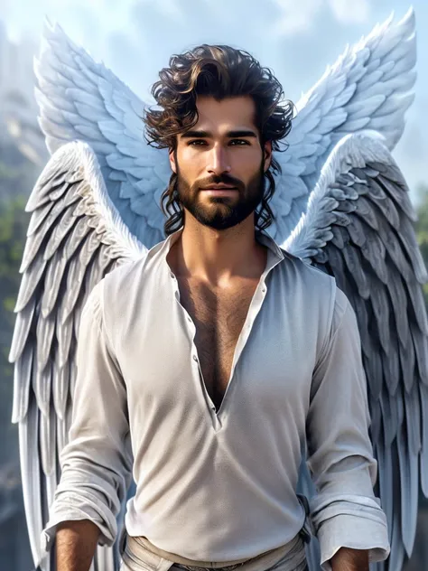 arafed male with long light hair and a beard and a white shirt, full - body majestic angel, male with halo, handsome stunning realistic, epic angel wings, biblical accurate angel, winged human, angelic face, angelic, young wan angel, with wings. ultra-deta...