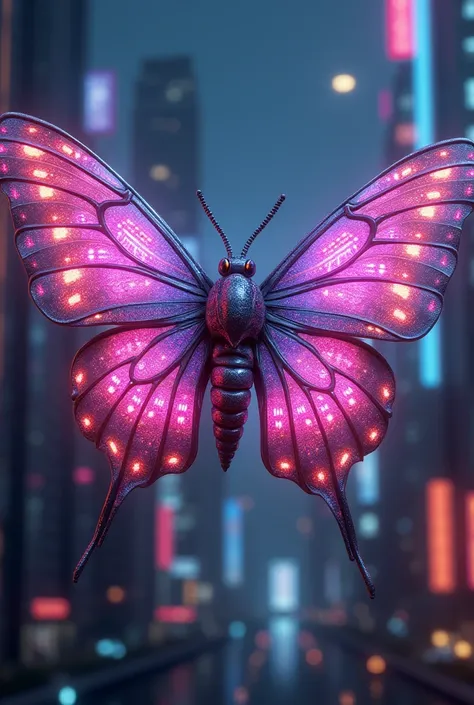 A cyberpunk-style moth, adorned with neon, futuristic elements. Its wings are covered in shiny, holographic patterns that shift color depending on the angle, ranging from bright pinks to deep purples. The moths body is metallic, with built-in LED lights, a...