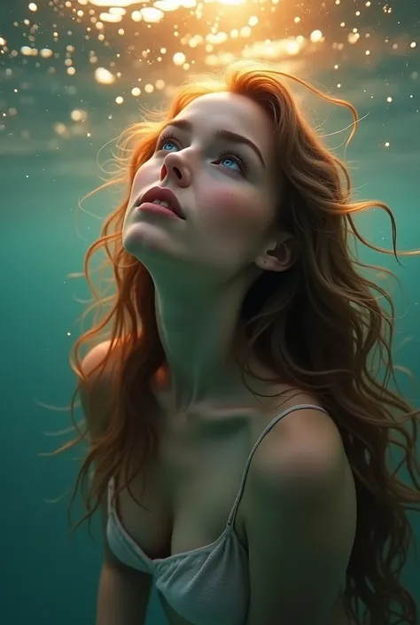 A real beautiful young girl only full face mermaid looking up  in a sun set in a underwater with brown and orange and yellow mix hair and blue eyes 