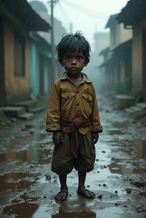 A very small poor child, on a street full of mud and it&#39;s raining, the boy has ugly and dirty clothes, the boy looks sad