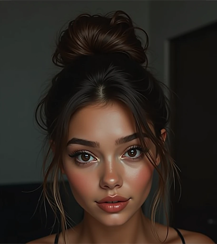 Create a hyper-realistic portrait of a young woman with a flawless complexion and delicate features. The subject has a medium tan skin tone with a subtle, natural glow. Her face is slightly oval with high cheekbones and a well-defined jawline. She has larg...