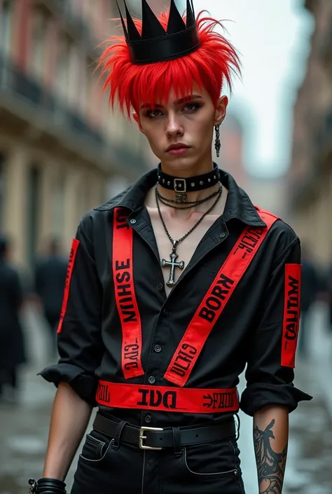 Male red hair red, crown black, shirt with red caution tape, black jeans, belt and choker with cross necklace