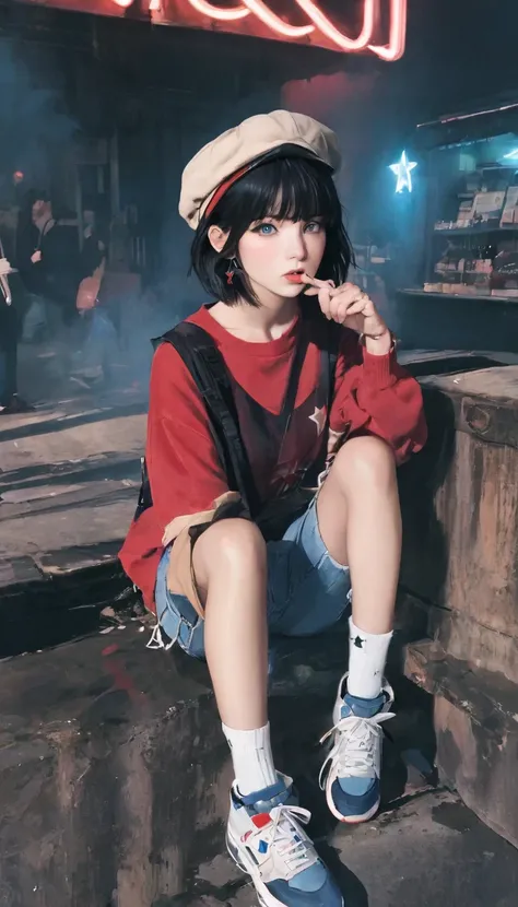 Smoking:1.4)) ((Flat Color)),High Contrast, Contrasting colors, , Pale pink and blue lighting,Black Hair, Red eyes, Newsboy cap, Oversized blackＴshirt,Denim shorts,(White loose socks),Black sneakers, Looking at the audience, (Cool look), Sleepy eyes, ((Sho...