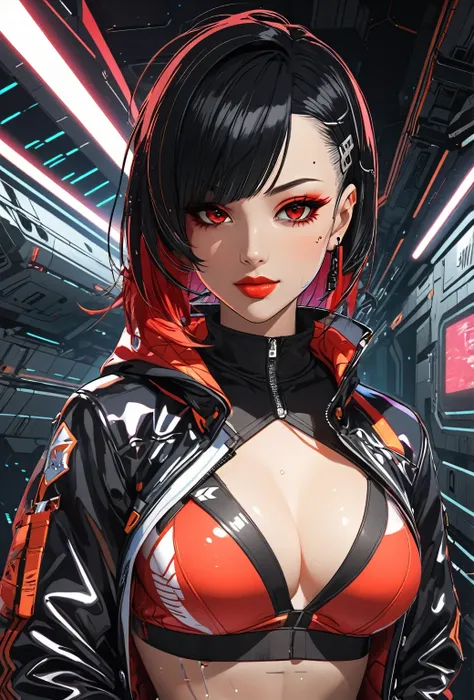 anime girl in red and black outfit posing for a photo, female cyberpunk anime girl, digital cyberpunk anime art, cyberpunk anime girl, anime cyberpunk art, cyberpunk anime art, digital cyberpunk - anime art, jet black hair cyberpunk girl, cyberpunk anime g...