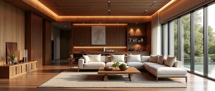 Generate a series of realistic images featuring modern and luxurious interior spaces decorated with high-quality wood elements. The environments should include living rooms, dining areas, and home offices, showcasing wooden furniture, flooring, wall panels...