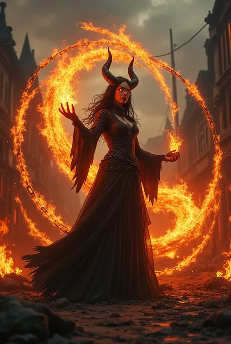 (extremely detailded 8k wallpaper) +, a medium shot of a demonic sorceress conjuring fire on a burning and destroyed village, various burning chains around her,intrikate, high détail, Dramatic, without horn, Masterpiece of best quality, photorrealistic, de...