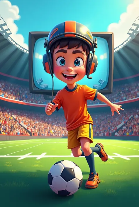 Cartoon of a teenage boy appearing on television playing football in a stadium