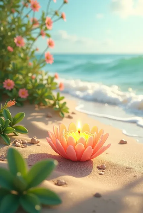 There are beach on the beach a Daisy style flower candle on the beach and they are water wave on the flora that pretty good