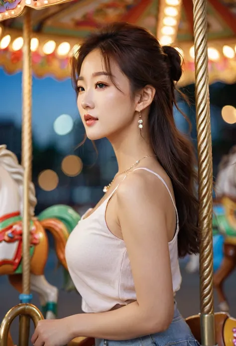 close-up, side shot of beautiful korean female, 34 inch breasts size, wearing tank top, necklace, riding the carousel, in the evening, bokeh background, HD