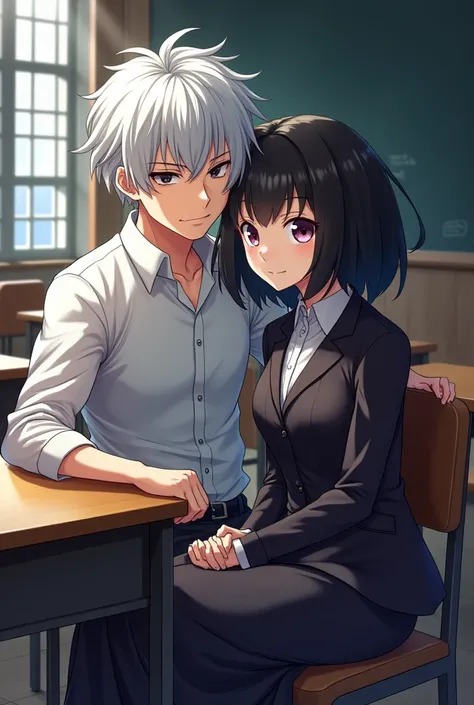 Anime image of a white-haired man resembling Hibari Nairibo, used in a novel, sitting in a classroom with a cute black-haired woman.