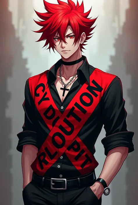 Anime male, red hair, red crown, black shirt with red caution tape, black jeans, belt and choker with cross necklace