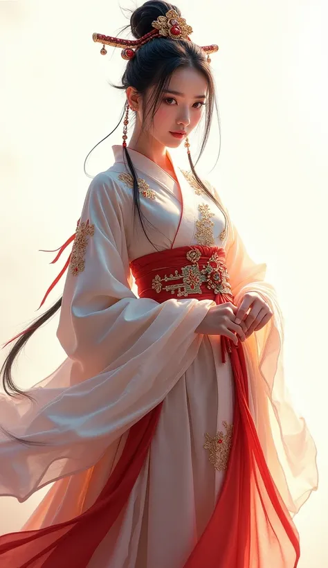 A woman, ancient chinese costume, whole body, Sun light, clear face, Clean white background, masterpiece, Super detail, epic composition, ultra high definition, high quality, extremely detailed, official art, uniform wallpaper 8k, Super detail, 32K