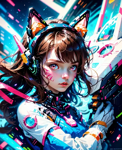 Masterpiece, Best Quality, High Resolution, 1girl, Super High Resolution, Solo, Mech Pilot, D.VA, Headphones, Pink Eyes, Blue Tights, Brown Hair, White Gloves, Cat Face Adornament,