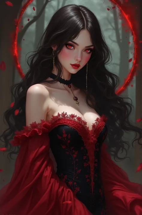 1girl, beautiful, vampire goddess, brunette very long hair, red eyes, wearing a sexy red and black dress, ultrasharp, looking at the viewer, ((best quality)), ((masterpiece)), (detailed), perfect face, big breast, sexy pose, sexy body,