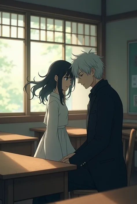 A picture of a white-haired anime guy resembling a cold Hibari Nairyo, sitting in a classroom with a cute girl with long black hair standing out.