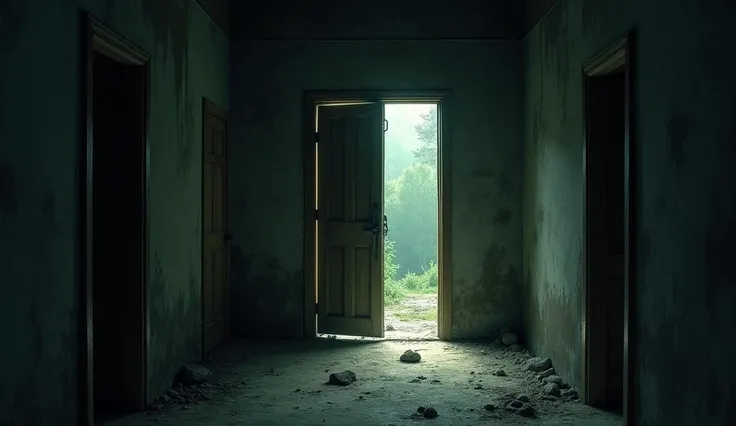 a closed old door in a dimly lit corridor, slightly ajar at the end of the hallway, the hallway is filled with dust and cobwebs , and the air looks thick and oppressive