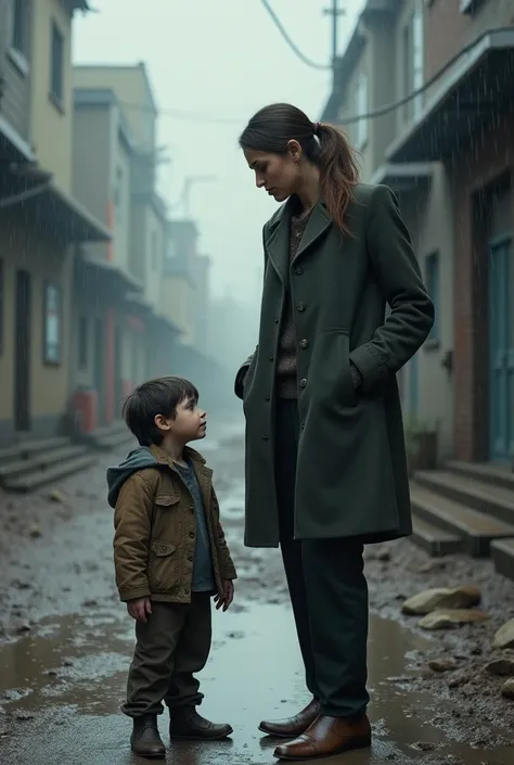 A very small poor child, on a street full of mud and it&#39;s raining, the boy has ugly and dirty clothes, the boy looks sad, Next to the child is a tall 30-year-old woman, The woman is a millionaire and comes to save the child