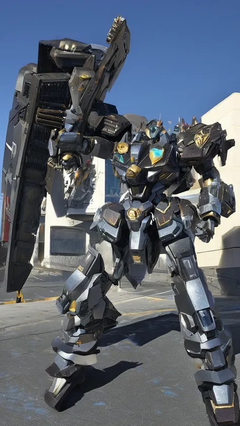 Mechanical Robot, No humans, (Mech Armor:1.5), Full Armor, (Gray silver color scheme:1.2),Sparkling blue eyes, blue sky, city, (whole body:1.2),Clenched hands,mecha musume, Machinery Parts, Robot Joints, (Giant Shield:1.2),Highest quality, masterpiece, Ver...