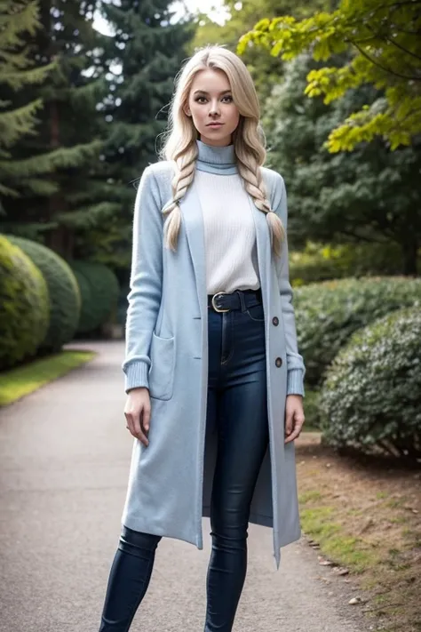 Tall Nordic woman, late 20s, her look is reminscent of Elsa from "Frozen". She wears modern casual clothes, stands in a university botanical garden.