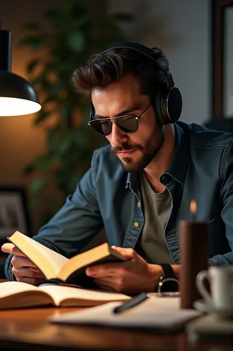 Photo of man wearing sunglasses and headphones reading his favorite book at a desk with stationery and a teacup and a scented candle.