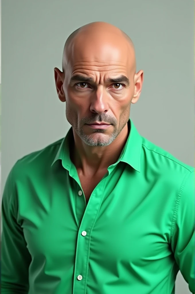 Bald man with green shirt