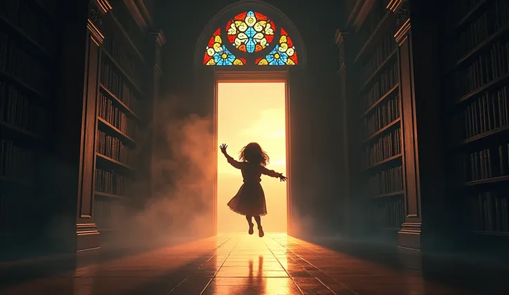 With the first light of dawn breaking through the library’s stained glass windows, the girl makes a desperate leap towards the exit. The ghost, now fading with the light, reaches out one last time as she escapes into the safety of the morning