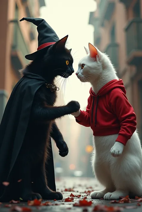 Villain Cat Confronting Heroic White Cat:

Description: The black villain cat in his dark devil dress and magic cap confronts the heroic white cat. The two are in a tense standoff, with the villain’s dark attire contrasting sharply with the hero’s red shir...