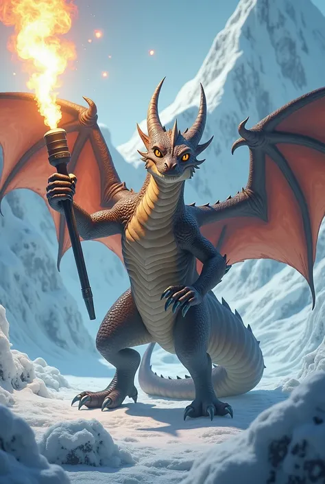 Dragon, (flamethrower), in Antarctica, ice, looking at the viewer, horns, quality, 