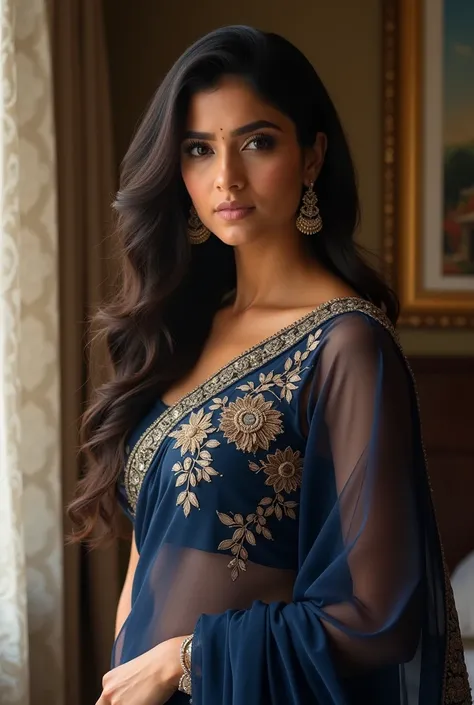 This image features a woman open in a navy blue sheer saree with intricate floral embroidery. She has long, wavy hair and is wearing elegant earrings. The background includes a curtain with a patterned design and a partial view of a wall with a framed artw...