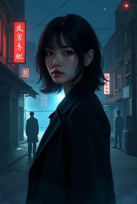 The cover shows a mysterious and confident Asian woman，The background is the company workshop and city street scene at night，Implied secret date。In the distance, two men can be seen confronting each other at the company gate.，The whole picture has a sharp ...