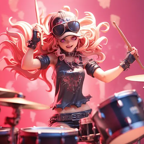 a girl wearing goggles and playing a drum kit, extremely detailed art jam, rock out, dreamy rock girl, drummer, 3d rendering style, guweiz style artwork, highly detailed art jam, art jam with lois van baarle, airbrushed rendering, dramatic lighting, moody ...