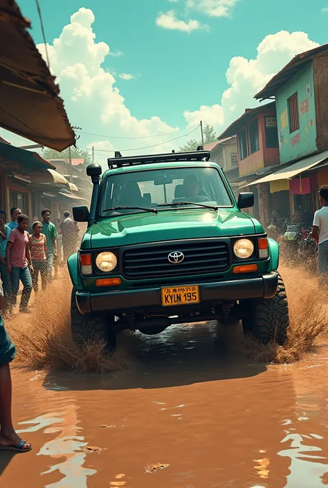 cinematic anime of modified dark green 1994 toyota landcruiser VX rushing through the muddy busy food market streets of Kampala city 