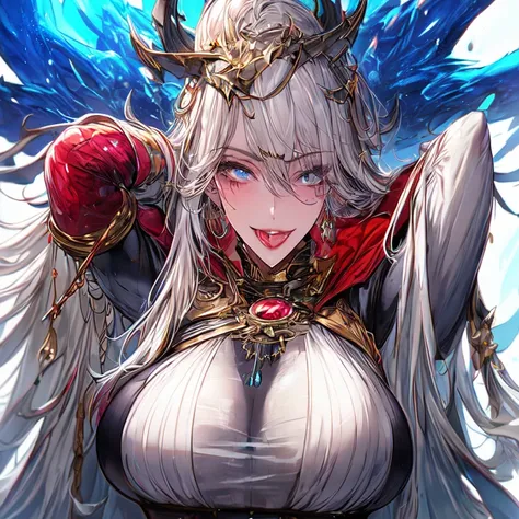 Very beautiful mature lich MILF undead necromancer priest with white hair, blue eyes, big breasts and UHD staff, textured skin, super detail, high detail, high quality,
