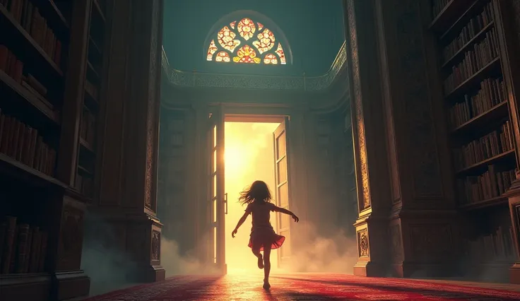 With the first light of dawn breaking through the library’s stained glass windows, the girl makes a desperate leap towards the exit. The ghost, now fading with the light, reaches out one last time as she escapes into the safety of the morning