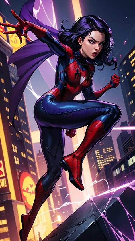 create spider-woman in new york, full body in the image, she wears a purple uniform similar to spider-man&#39;s and dark purple ...