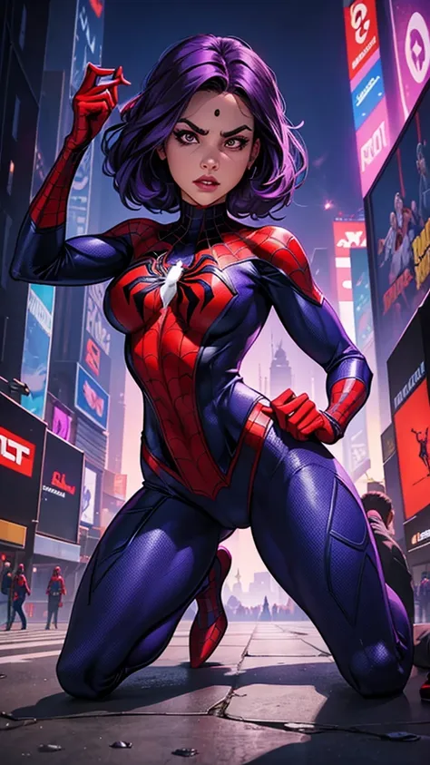 create spider-woman in new york, full body in the image, she wears a purple uniform similar to spider-man&#39;s and dark purple ...