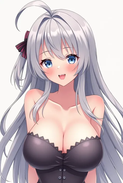 One girl, Blushing, Open your mouth, Gray Hair, Long Hair, Large Breasts, blue eyes, Sticking out tongue, Drooling, Simple Background, ribbon,  anime, naked