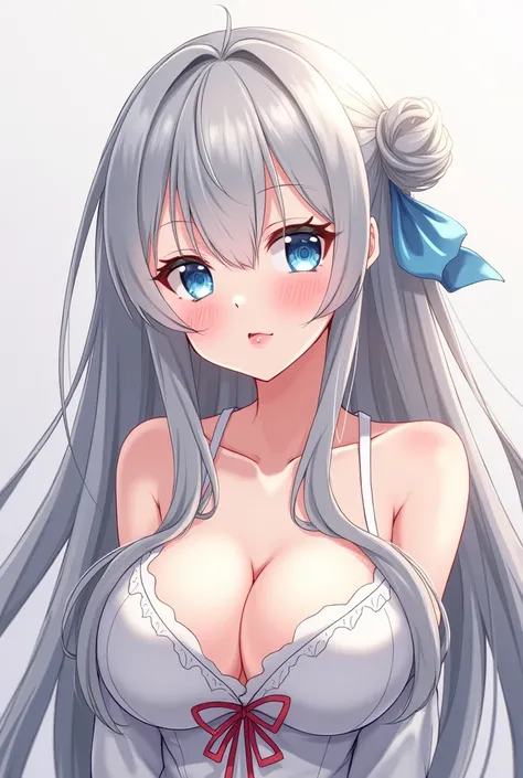 One girl, Blushing, Open your mouth, Gray Hair, Long Hair, Large Breasts, blue eyes, Sticking out tongue, Drooling, Simple Background, ribbon,  anime, naked