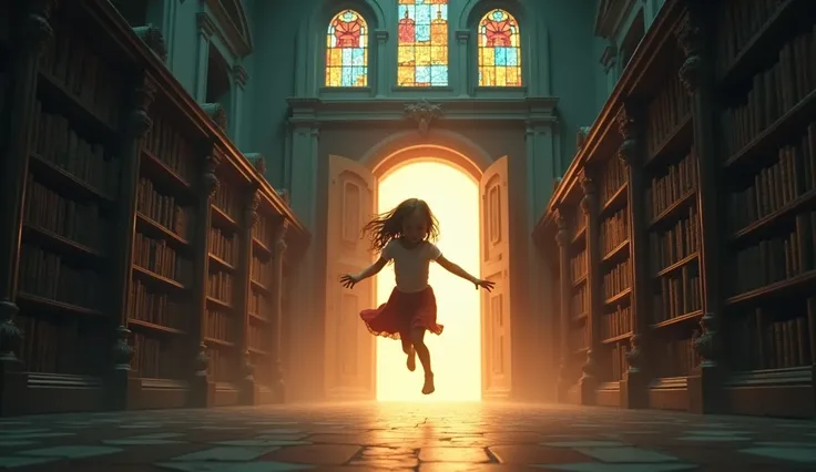 With the first light of dawn breaking through the library’s stained glass windows, the girl makes a desperate leap towards the exit. The ghost, now fading with the light, reaches out one last time as she escapes into the safety of the morning