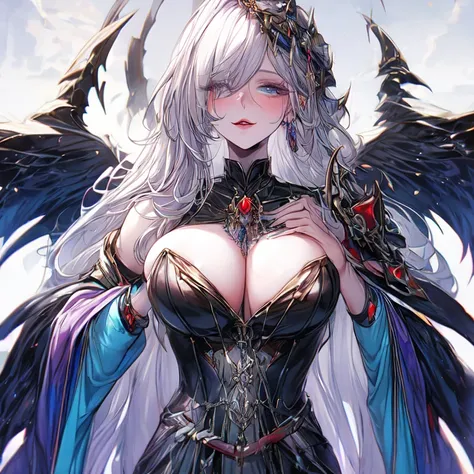 Very beautiful mature lich MILF undead necromancer priest with white hair, blue eyes, big breasts and UHD staff, textured skin, super detail, high detail, high quality,
