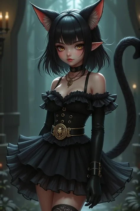 1 girl, feline ears, feline tail, black short ruffles top and skirt, black leather belt with feline symbol buckle