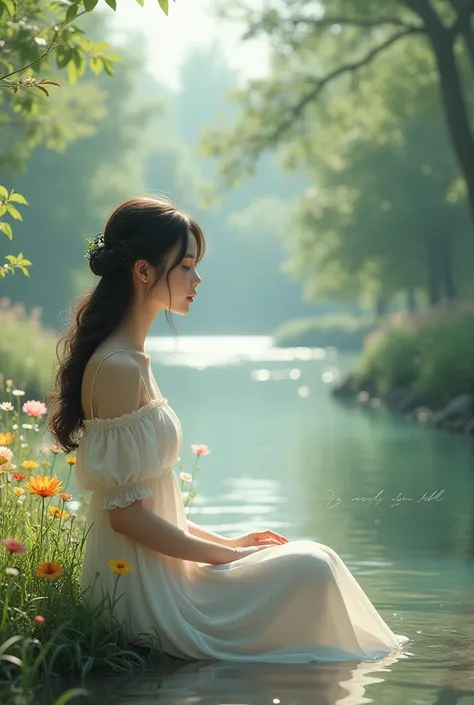 A beautiful  girl sitting nearby a river