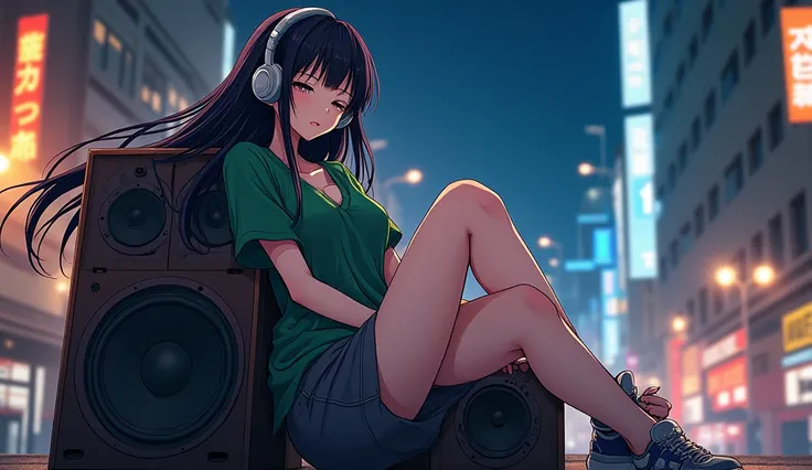 Anime lady with long black hair, wearing green shirt and grey shorts, wearing headphones sitting down on big speakers at night