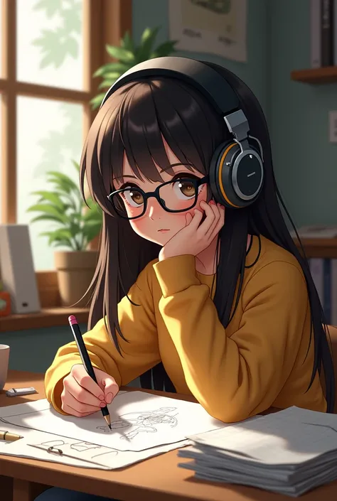 girl with headphones and glasses while drawing
