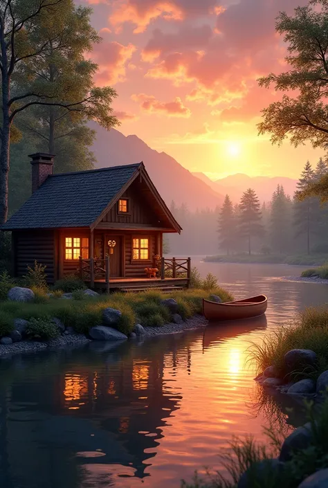 Cabin scene with canoe river in full sunset