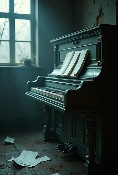 Create 3D image "An old, ornate piano in a dusty room, with spectral music sheets scattered across its keys. A ghostly figure’s hand is seen lightly touching the piano keys, producing a haunting melody.